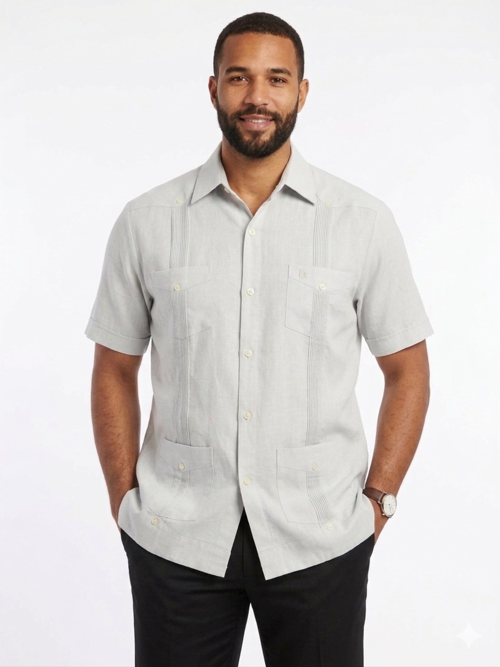 Vintage Christian Dior Monsieur Men Guayabera Small Dress Shirt Light Gray